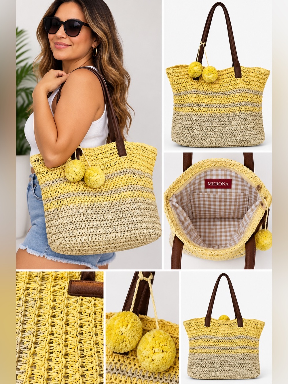 Merona Yellow and Natural Straw Tote with Pom Pom Details